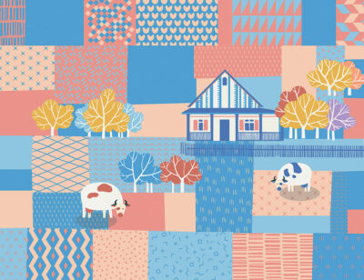 Hut and cows wall mural in bright red, blue and beige colours