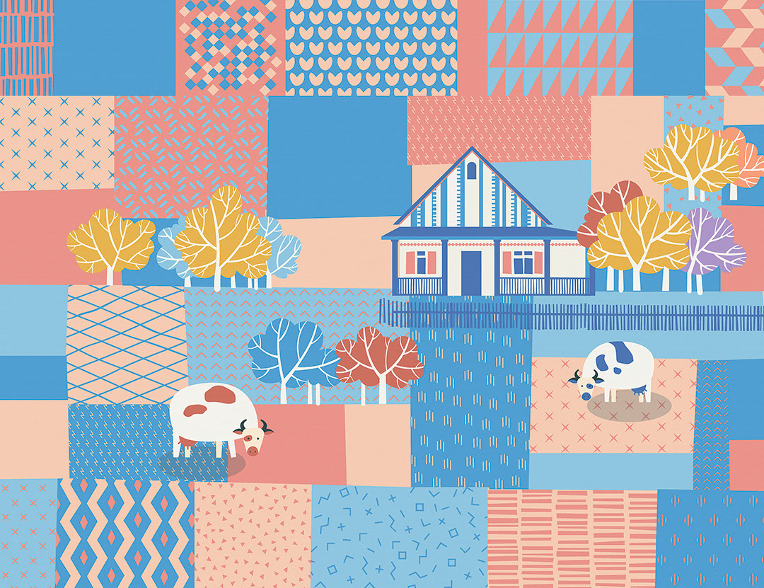 Hut and cows wall mural in bright red, blue and beige colours