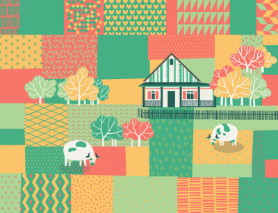 Hut and cows wall mural in bright red, green and yellow colours