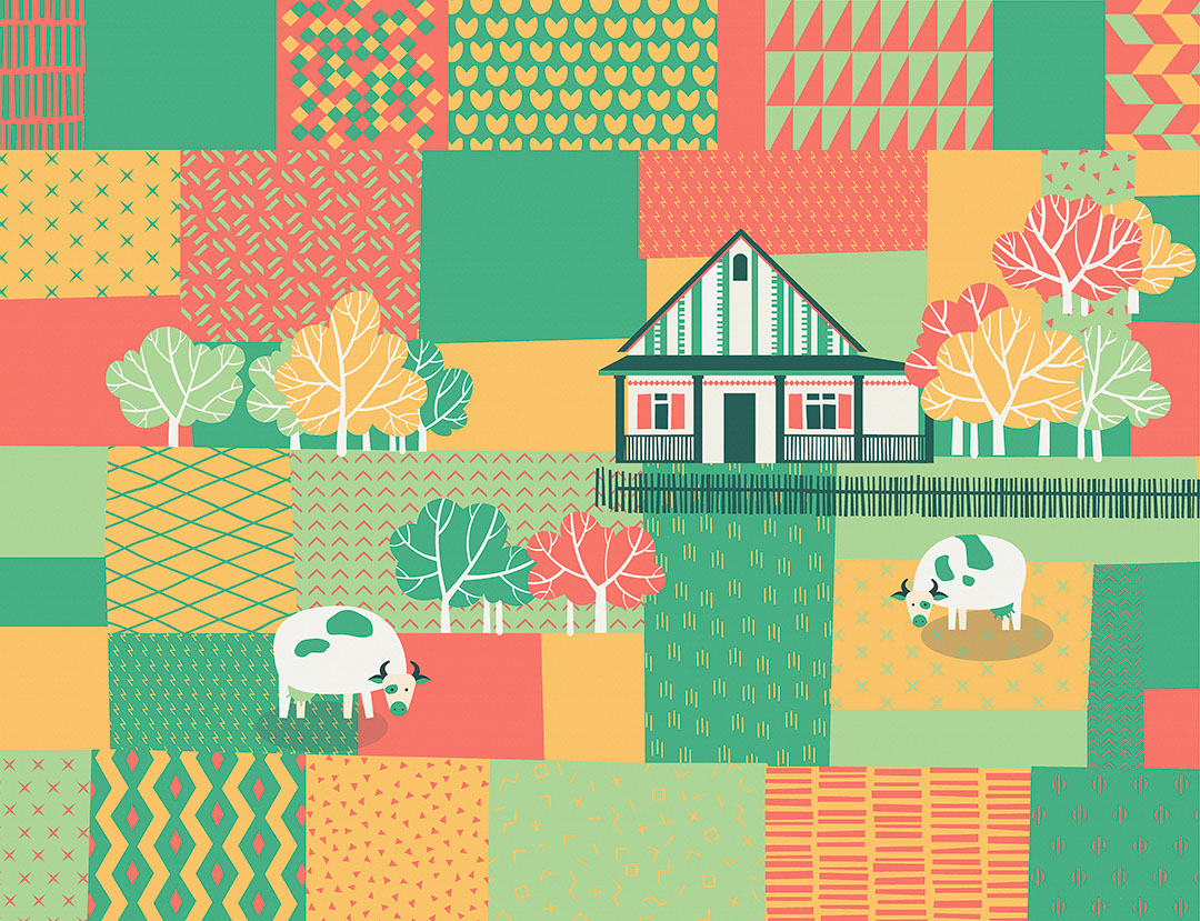 Hut and cows wall mural in bright red, green and yellow colours