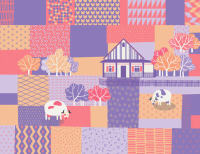 Hut and cows wall mural in bright violet, crimson and orange colours