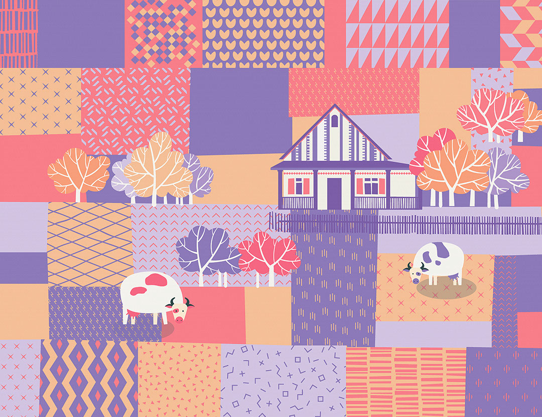 Hut and cows wall mural in bright violet, crimson and orange colours
