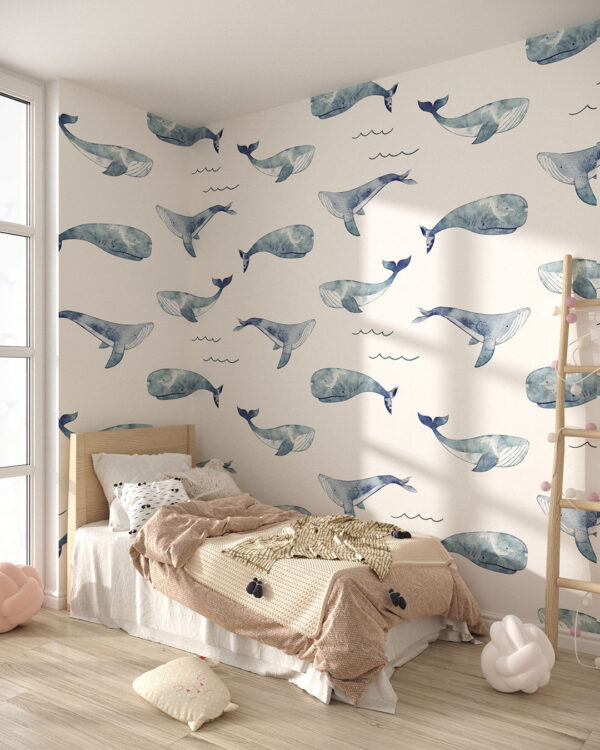 Delicate watercolour whales patterned wallpaper for a children's room