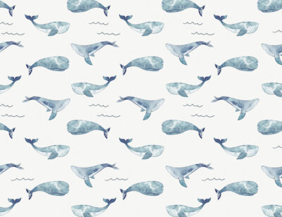 Delicate blue watercolour whales and waves patterned wallpaper