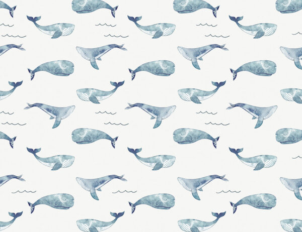 Delicate blue watercolour whales and waves patterned wallpaper