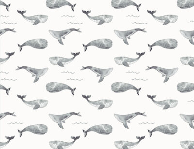Delicate grey watercolour whales and waves patterned wallpaper