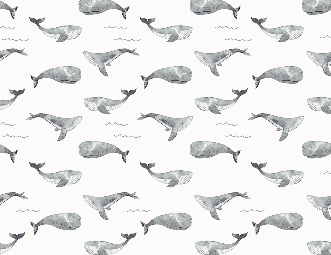 Delicate grey watercolour whales and waves patterned wallpaper