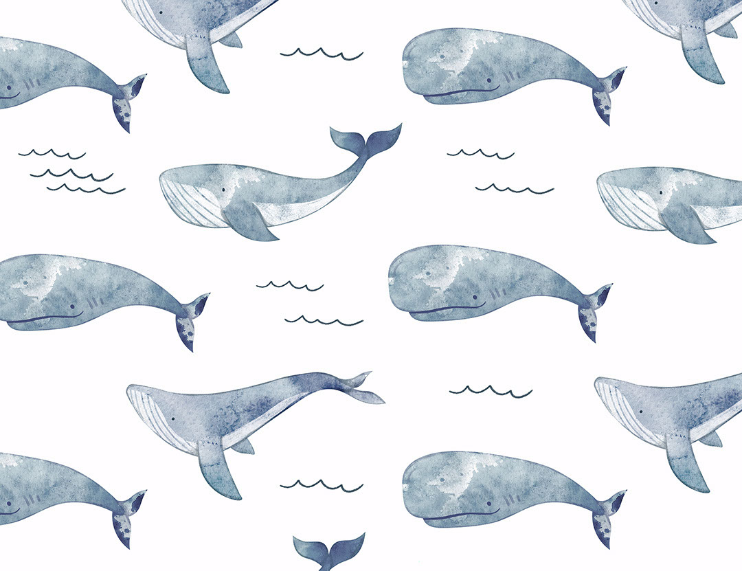 Big blue watercolour whales and waves patterned wallpaper