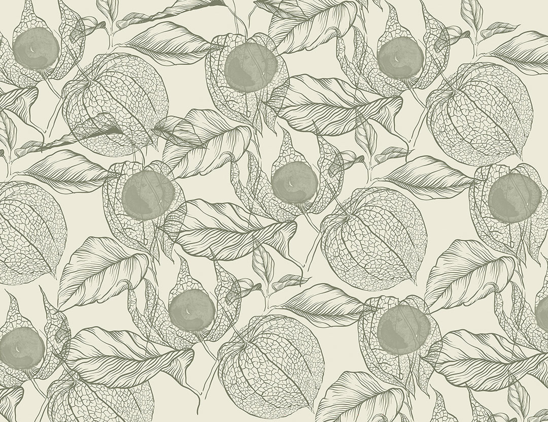 Green physalis flowers patterned wallpaper