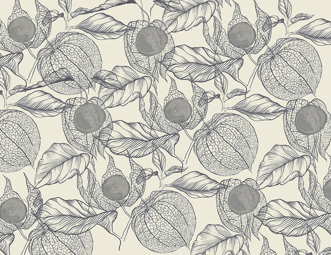Blue physalis flowers patterned wallpaper