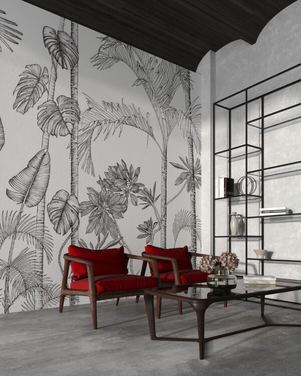 Minimalist tropical wall mural in graphic style for the living room