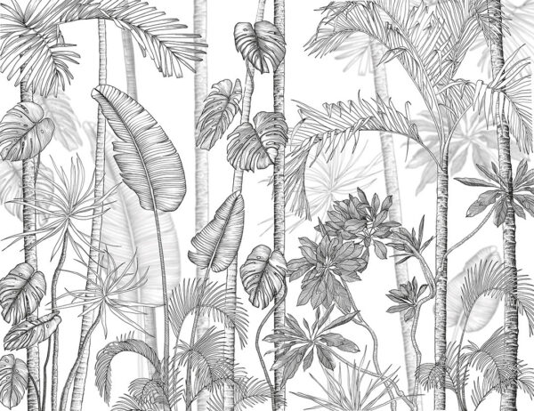 Minimalist tropical wall mural in black and white graphic style