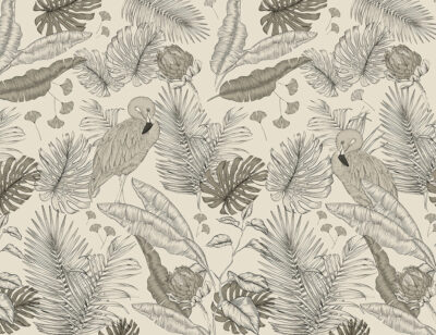 Graphic flamingos in tropical leaves wall mural in black and white
