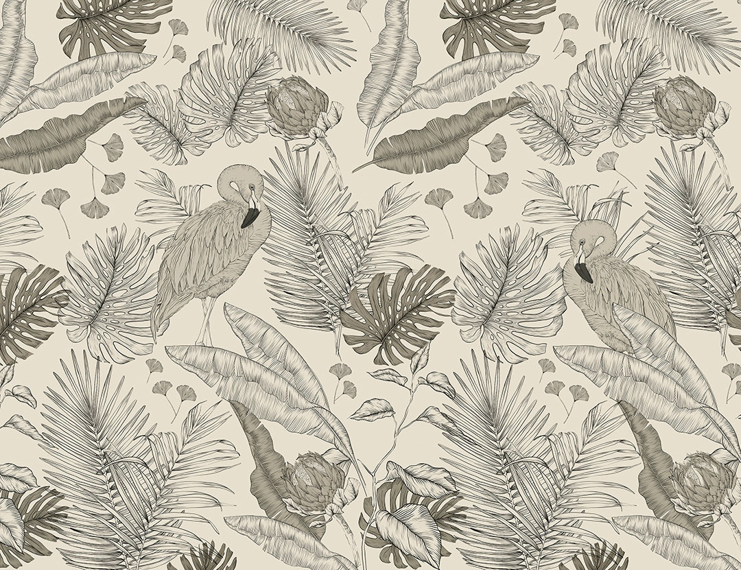 Graphic flamingos in tropical leaves wall mural in black and white