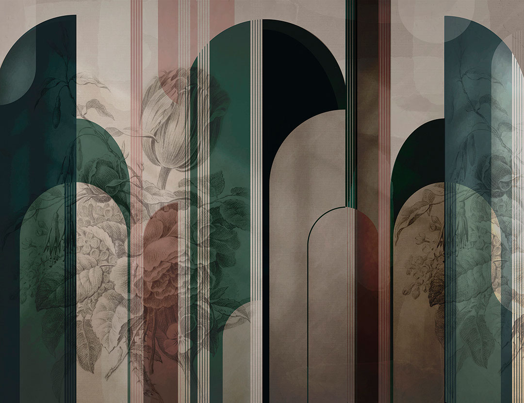 Flowers, brown and green geometric arches maximalistic wall mural