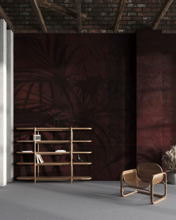 Shadows of tropical leaves in burgundy colours wall mural for the living room