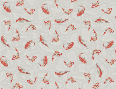 Red Japanese koi carp at the grey background patterned wallpaper