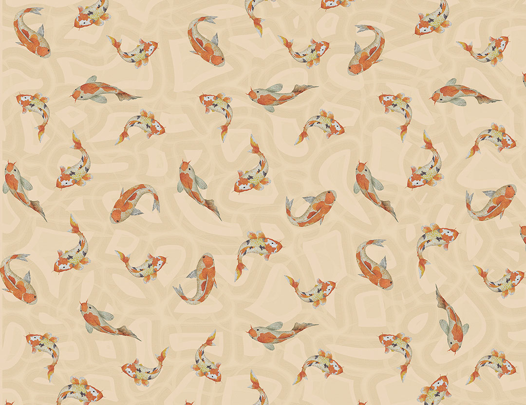 Red Japanese koi carp at the peachy background patterned wallpaper