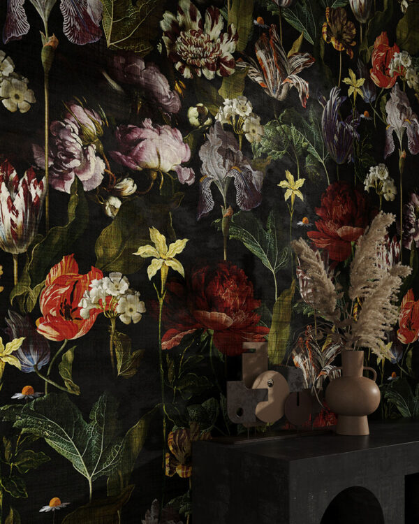 Vintage dark flowers patterned wallpaper for the living room