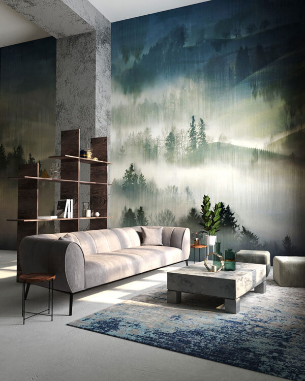 Watercolour gradient misty forest wall mural for the living room