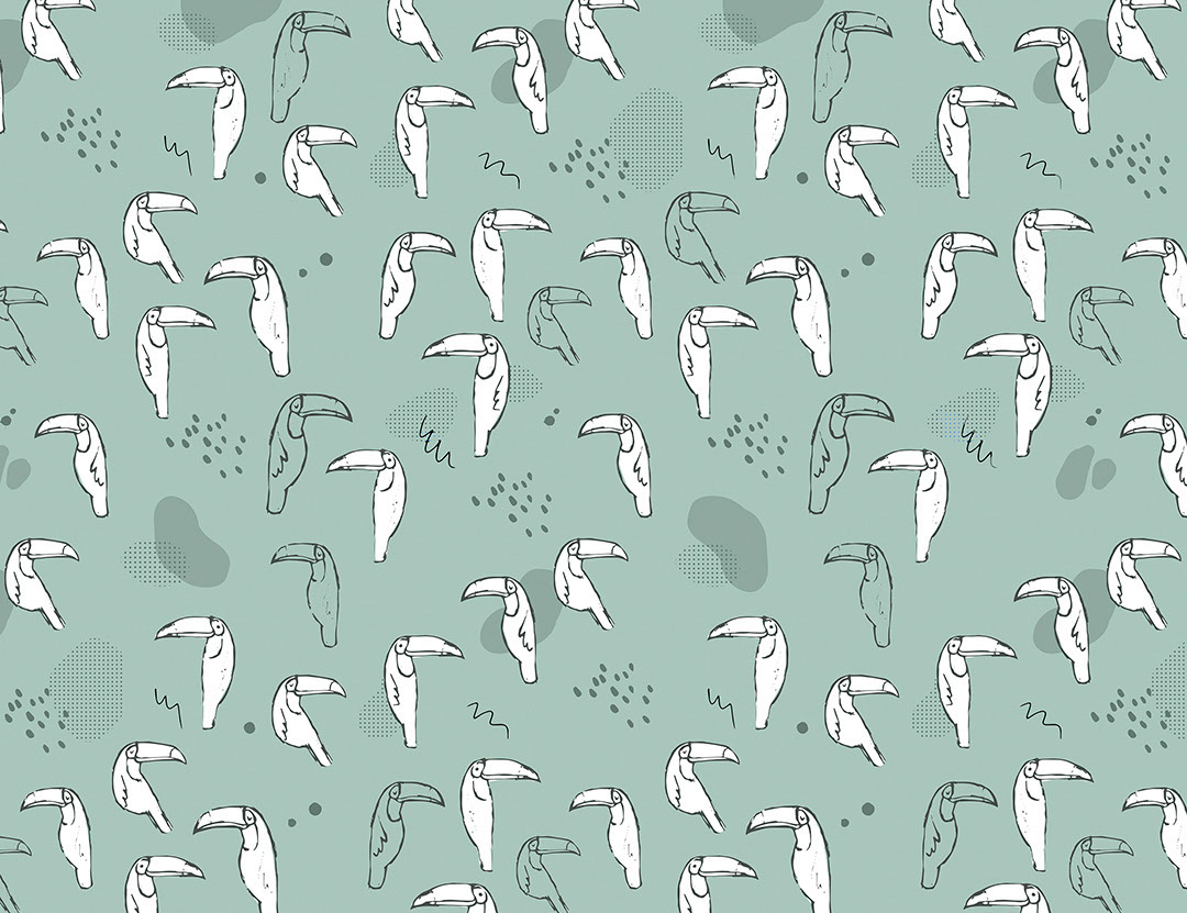 Tender toucan birds on the blue background patterned wallpaper