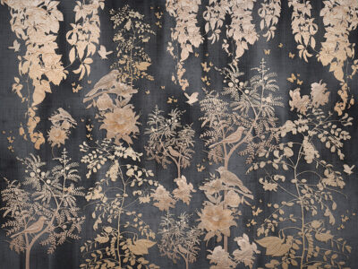 Embossed golden trees and birds wall mural on the dark background
