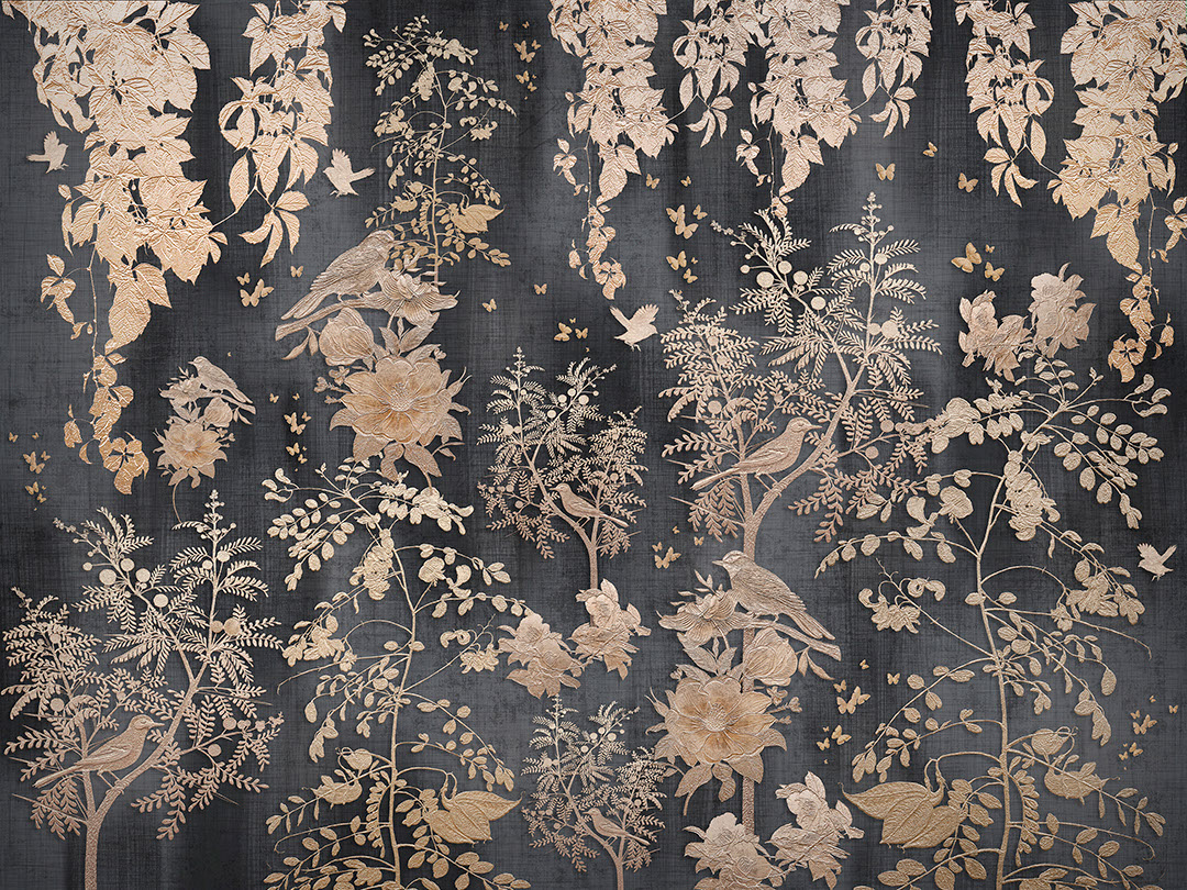 Embossed golden trees and birds wall mural on the dark background