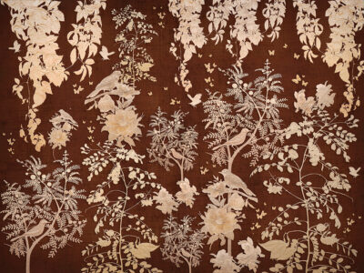 Embossed golden trees and birds wall mural on the brown background