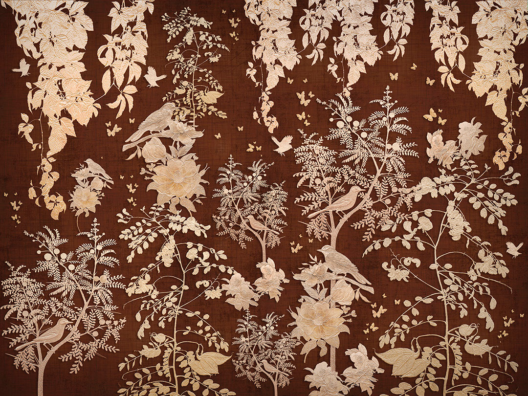 Embossed golden trees and birds wall mural on the brown background