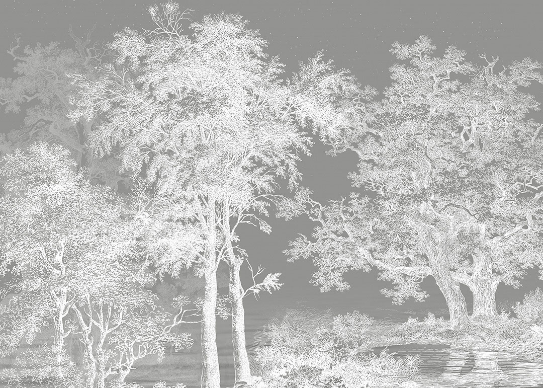 White illustrated forest on the grey sky wall mural