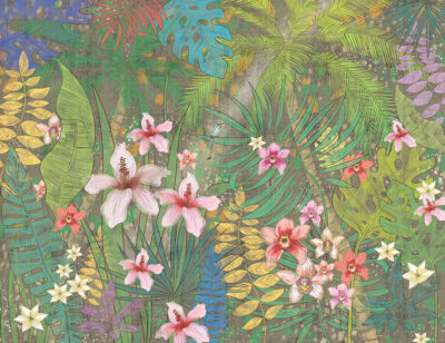 Bright tropical leaves and flowers wall mural on the dark background