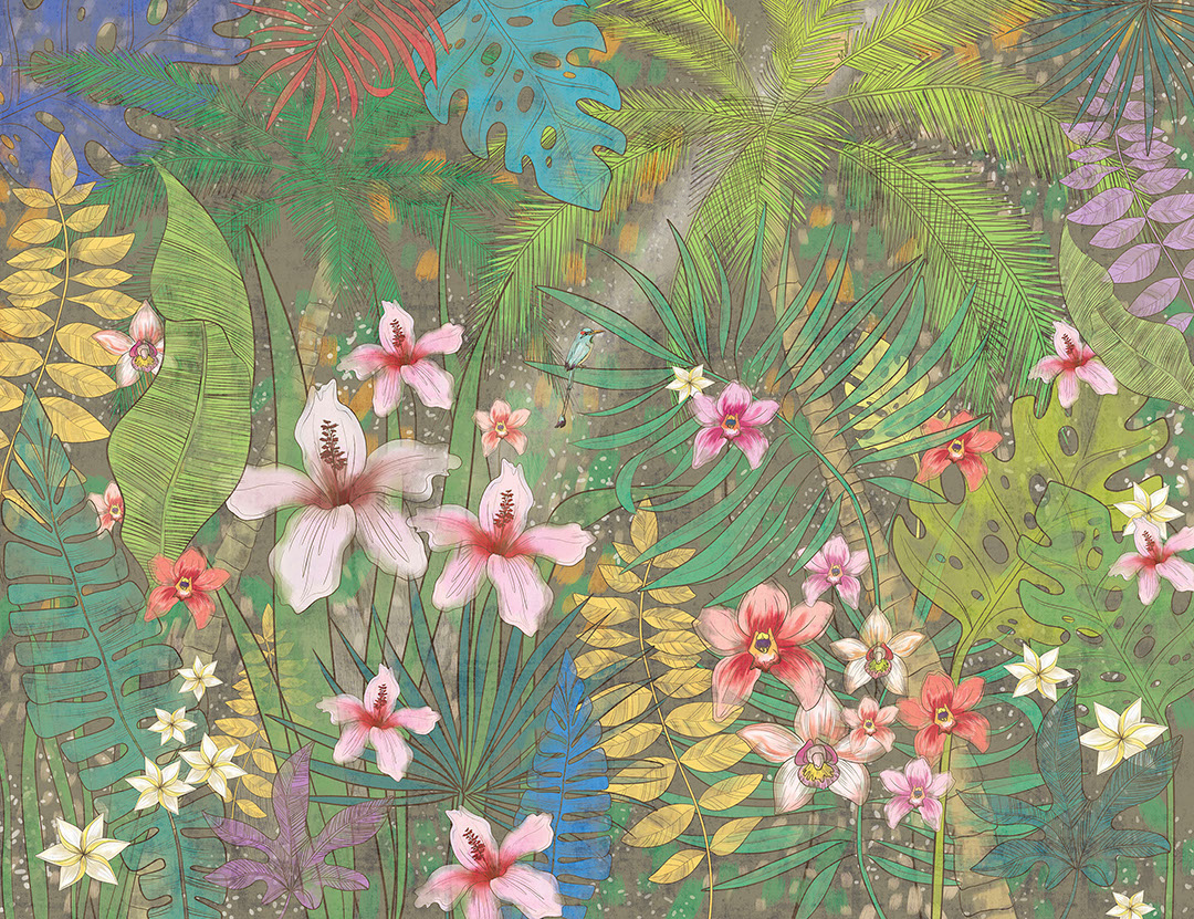 Bright tropical leaves and flowers wall mural on the dark background