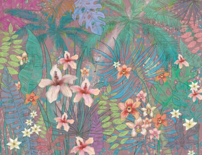 Bright tropical leaves and flowers wall mural on the purple background