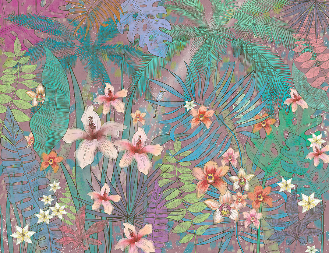 Bright tropical leaves and flowers wall mural on the purple background