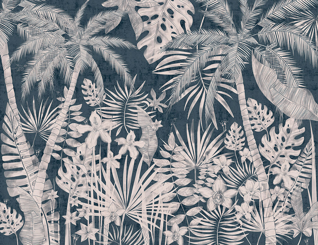 Hand-drawn tropical trees and plants at night wall mural