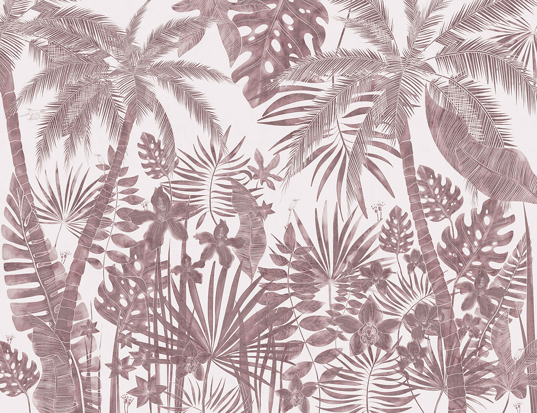 Hand-drawn red tropical trees and plants wall mural