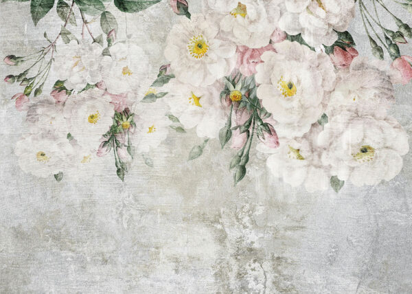 Neutral tone vintage floral wall mural on the textured grey background