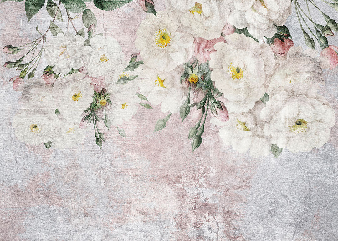 Neutral tone vintage floral wall mural on the textured pink background
