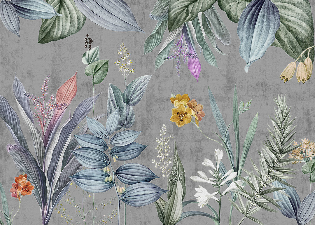 Grey tone large botanical wall mural with bright flowers