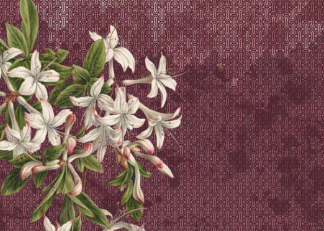 Large lily flowers wall mural on the red patterned background in art-deco style