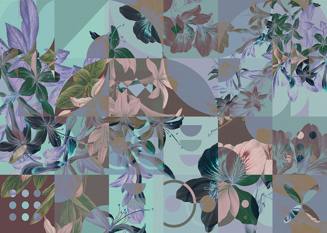 Abstract floral mosaic wall mural in cold colours