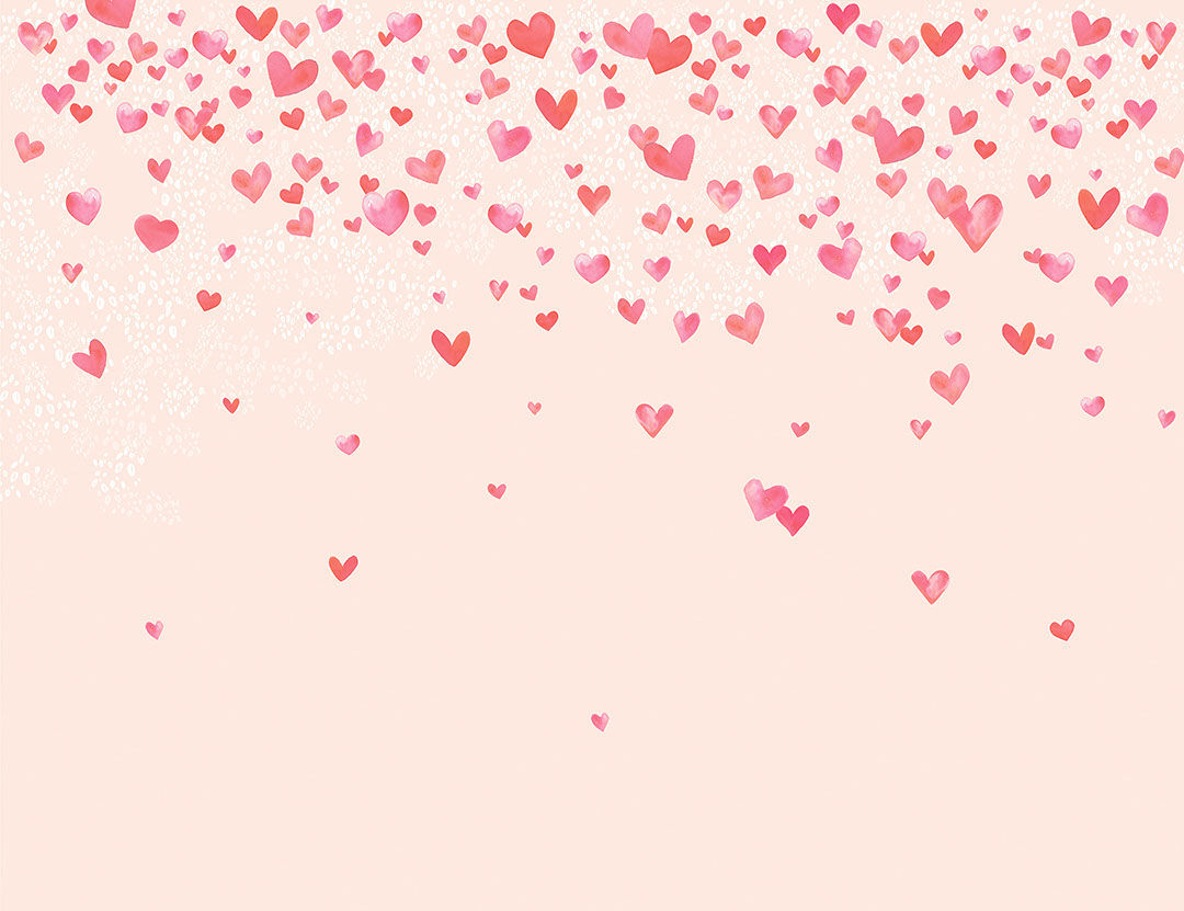 Cute watercolour hearts and bubbles gradient kids wall mural on the pink background