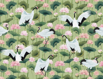 Oriental storks and water lilies patterned wallpaper on the light green background