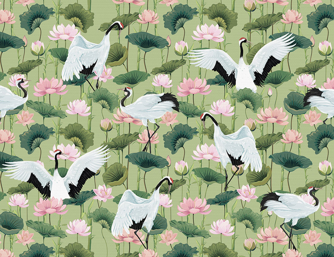 Oriental storks and water lilies patterned wallpaper on the light green background