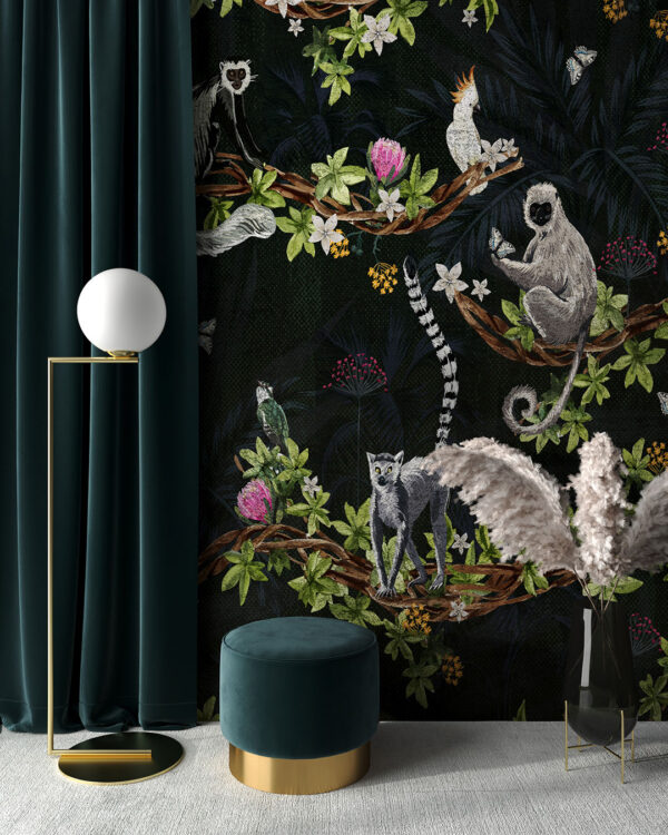 Parrots, lemurs and monkeys dark tropical wall mural for the living room