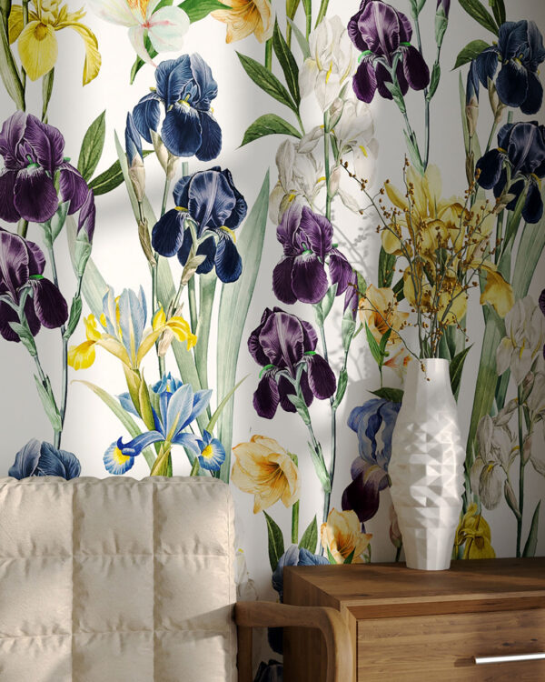 Colourful irises floral patterned wallpaper for the living room