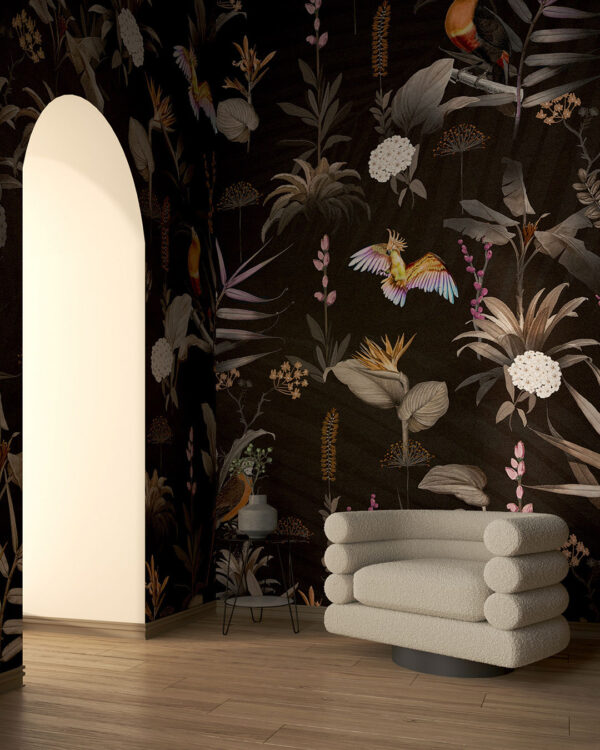 Dark tropical leaves and colourful parrots patterned wallpaper for the living room