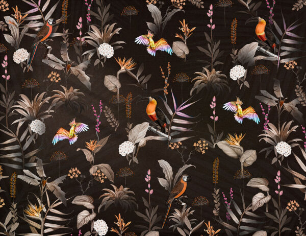 Dark tropical leaves and colourful parrots patterned wallpaper