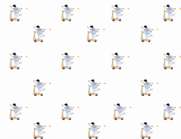 Cute dog driving a scooter kids patterned wallpaper