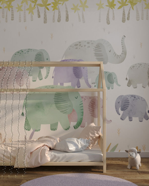 Tender watercolour elephants and palm trees wall mural for a children's room